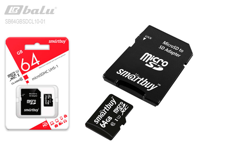 Micro-SD-card SMARTBUY 64 Gb UHS-1, 10 класс, скорость чтения 10 Мб/сек /+адаптер/