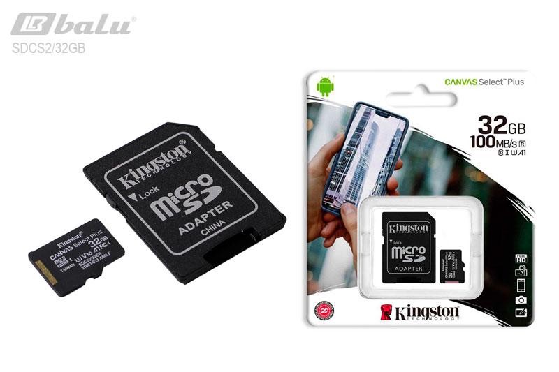 Micro-SD-card Kingston MicroSDHC 32GB UHS-I U1 Canvas Select Plus, Class 10, скорость чтения 100 Мб/сек /+адаптер/